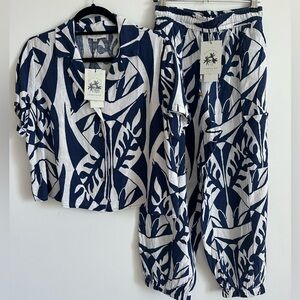 Brand New w Tags! RACHEL ZOE Navy and White Tropical Print Linen Set Size S